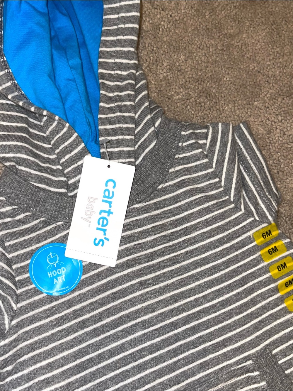 Carter's Gray & White Striped Hooded Romper with Blue Hood Lining
